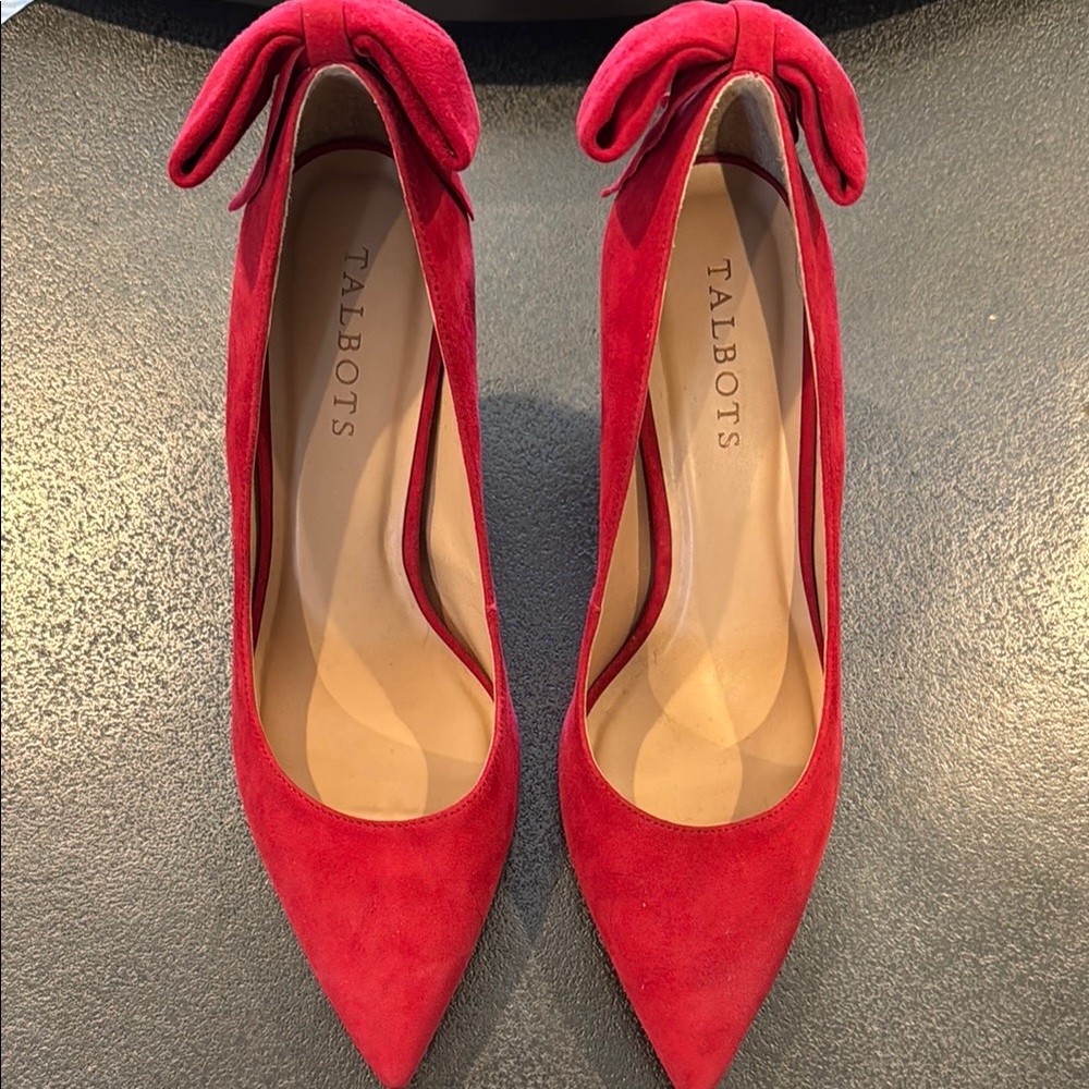 Talbots Red Suede Heels with Bow Detail